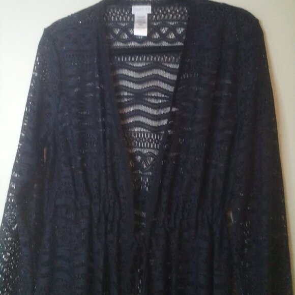 Dotti Cardigan Sweater Women S Long Sleeve Fringe Lace Open Tie Front Black - Picture 3 of 16